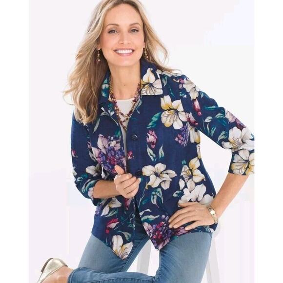 Chico's Jackets & Blazers - Chico’s 2 Floral Textured Jacket Blazer Woven Jacquard 12/14 Casual Work Blue